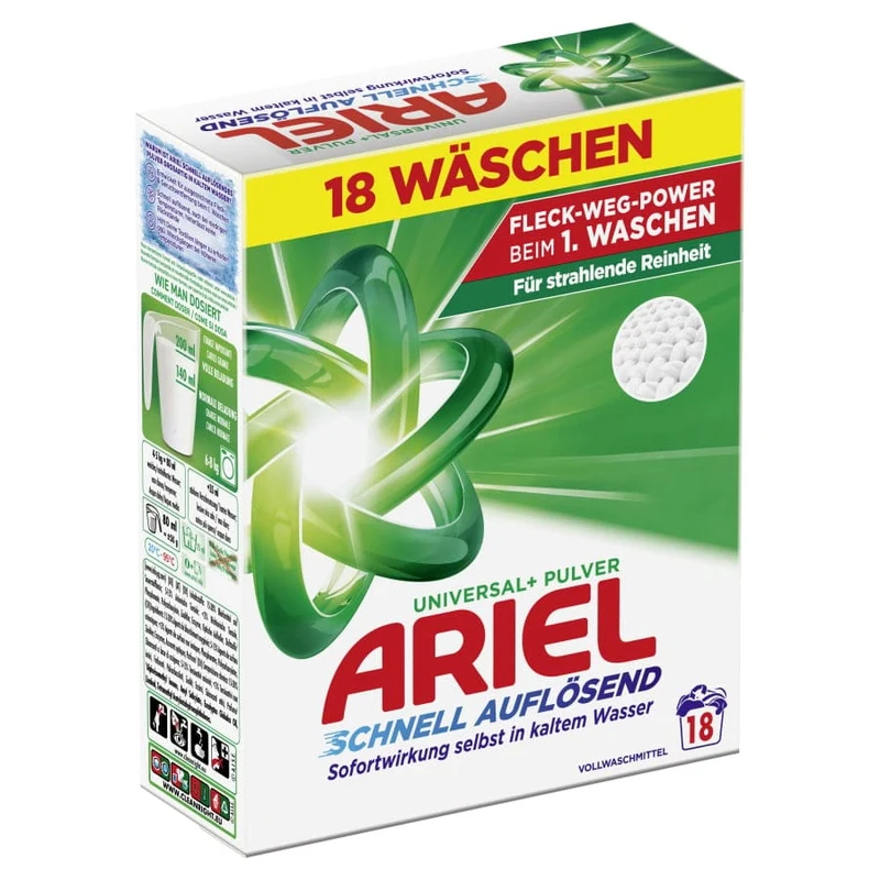 Ariel Universal+ Regulär Pulver Vollwaschmittel, 18 bis 100 Waschladungen