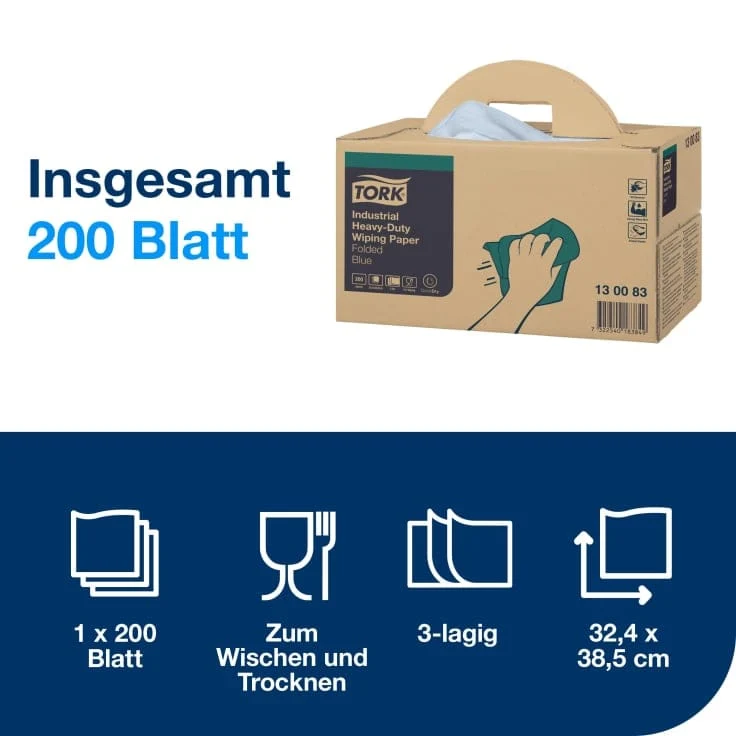 Tork Extra Starke Industrie Papierwischtücher 440 W7 Handy Box 3-lagig, blau
