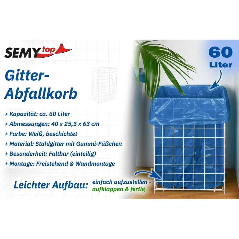 SemyTop Gitter-Abfallkorb, 60 Liter, weiß, klappbar
