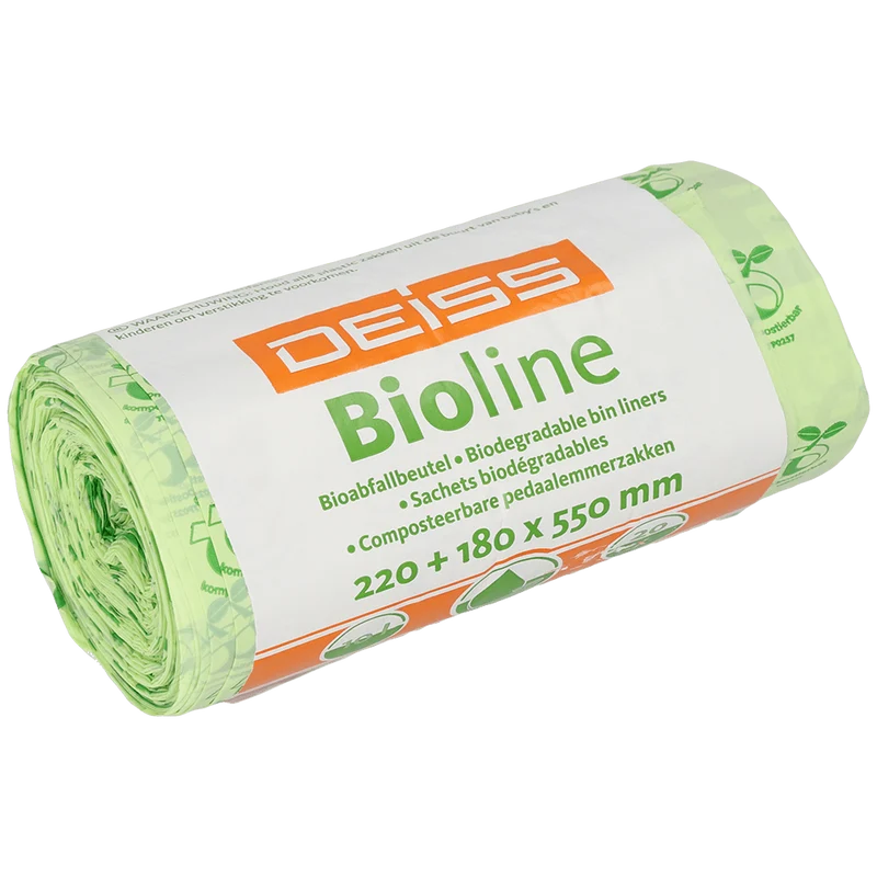 DEISS BIOLINE Müllbeutel, Biofolie, 10 L, Natur, 220+180x550x0,018 mm | Rolle (20 Stück)