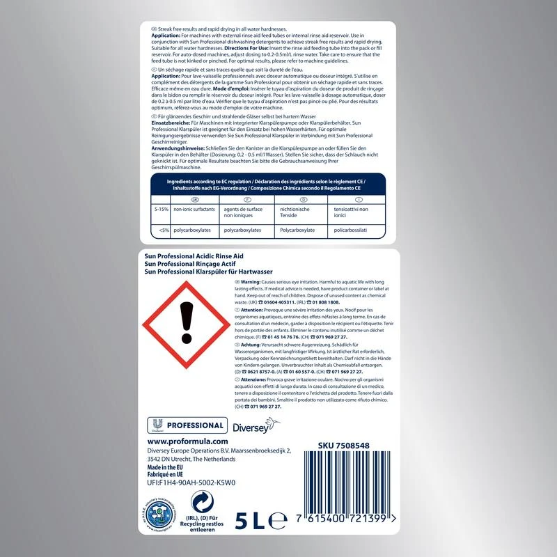 SUN Professional Klarspüler für Hartwasser, Saurer Klarspüler | Kanister (5 l)