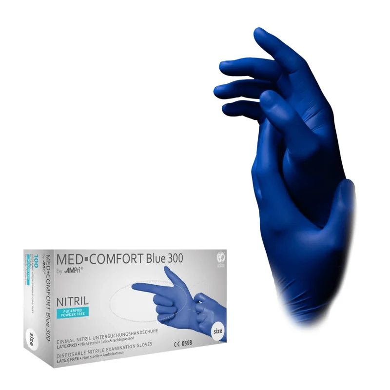 AMPri MED-COMFORT BLUE 300 Nitrilhandschuhe extra Lang puderfrei, blau | Box (100 Stück)