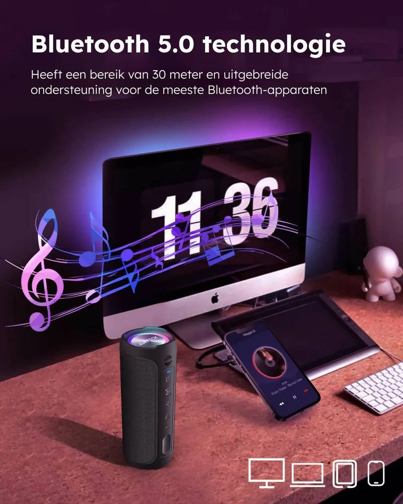 Bluetooth-luidspreker / Krachtig stereogeluid / IPX7 waterdicht / Handsfree-functie / Optioneel LED-lampje / 20 uur batterijduur
