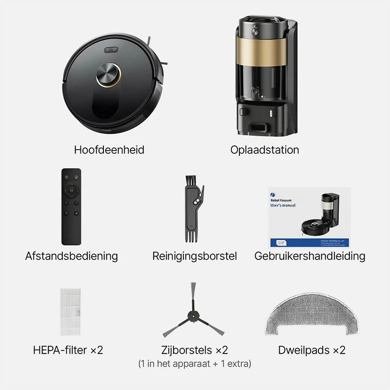 Robotstofzuiger met automatische leegstation / 10.000 Pa / 200 minuten looptijd / AI- & LiDAR-navigatie / 4-liter stofreservoir / 3-in-1 stofzuigen-dweilen-vegen / Meerdere kaarten / App- & spraakbediening