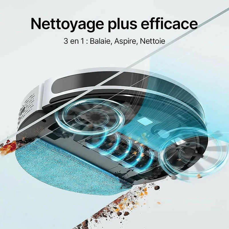 Robot Aspirateur Silencieux / Puissance d'aspiration 4000Pa / Itinéraires intelligents / Autonomie 150 min / Détection des tapis / Compatible Alexa, Google, Applis
