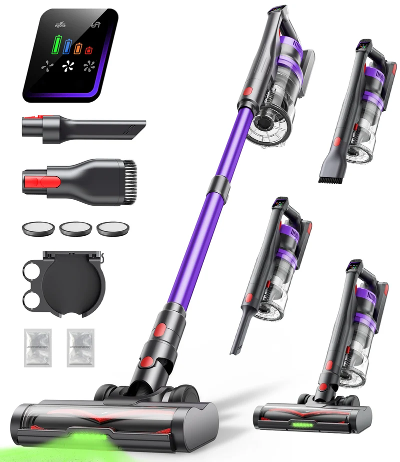 Powerffy Akku Staubsauger 600W/50KPa/65Min, Staubsauger Kabellos mit HD-Display, Aromatherapie, 1,8L-Staubbehälter, Akkustaubsauger grünem LED-Licht Bürste für Teppiche, Hartböden und Tierhaare
