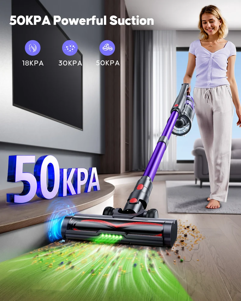 Powerffy Akku Staubsauger 600W/50KPa/65Min, Staubsauger Kabellos mit HD-Display, Aromatherapie, 1,8L-Staubbehälter, Akkustaubsauger grünem LED-Licht Bürste für Teppiche, Hartböden und Tierhaare