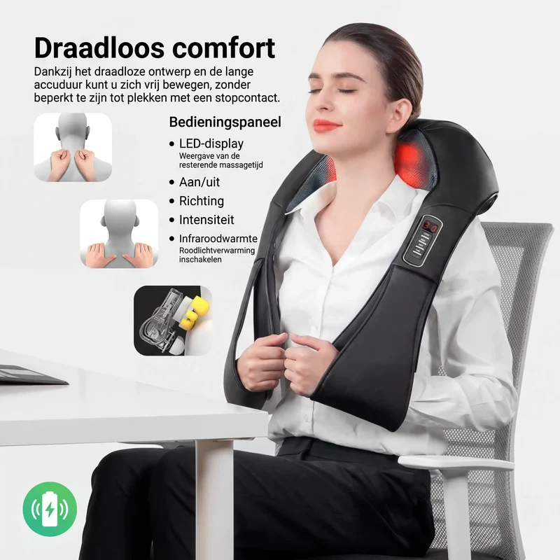 Nekmassageapparaat met warmtefunctie voor nek, schouders & rug / Elektrische diepe weefselmassage / 3 instelbare snelheden / Geschikt voor thuis, kantoor & auto