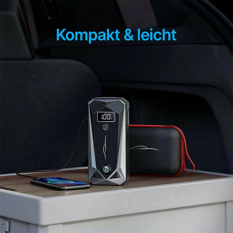 Starthilfe Powerbank / 6000 A Spitzenstrom / Für alle Fahrzeugtypen / Inkl. Taschenlampe & Kompass / 2 USB-Ausgänge / Mit Explosions- & Verpolungsschutz